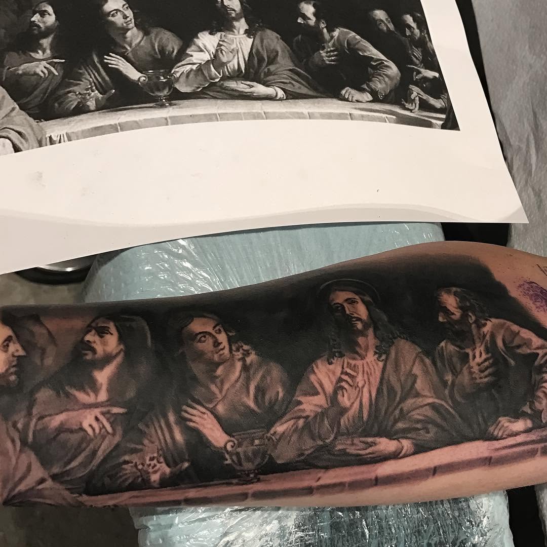 Last Supper black-and-grey realism, forearm