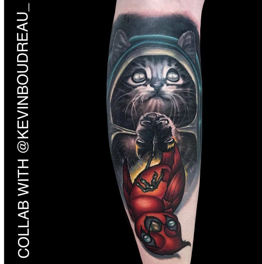 Hooded kitten & Deadpool bug collab tattoo