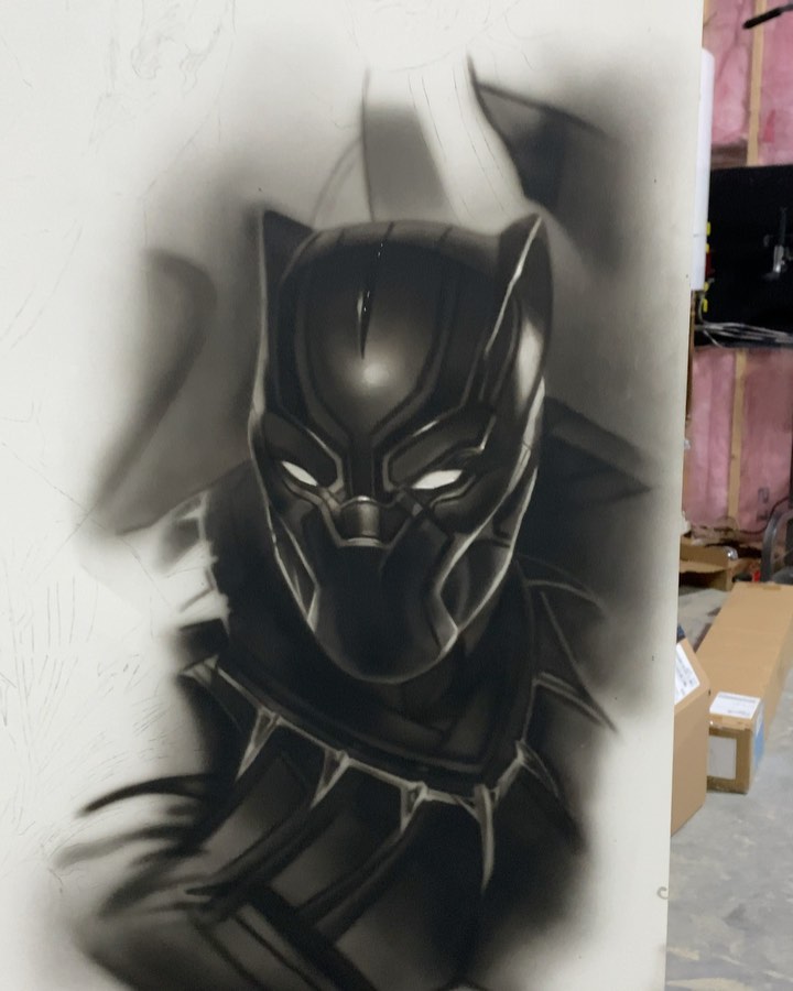Black Panther airbrush painting, black-and-grey