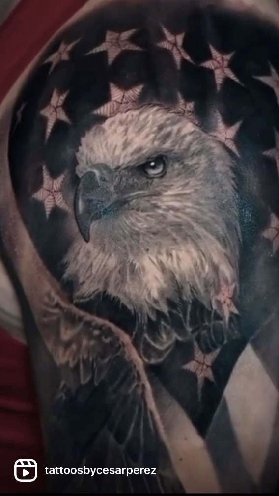 Bald eagle and American flag realism tattoo