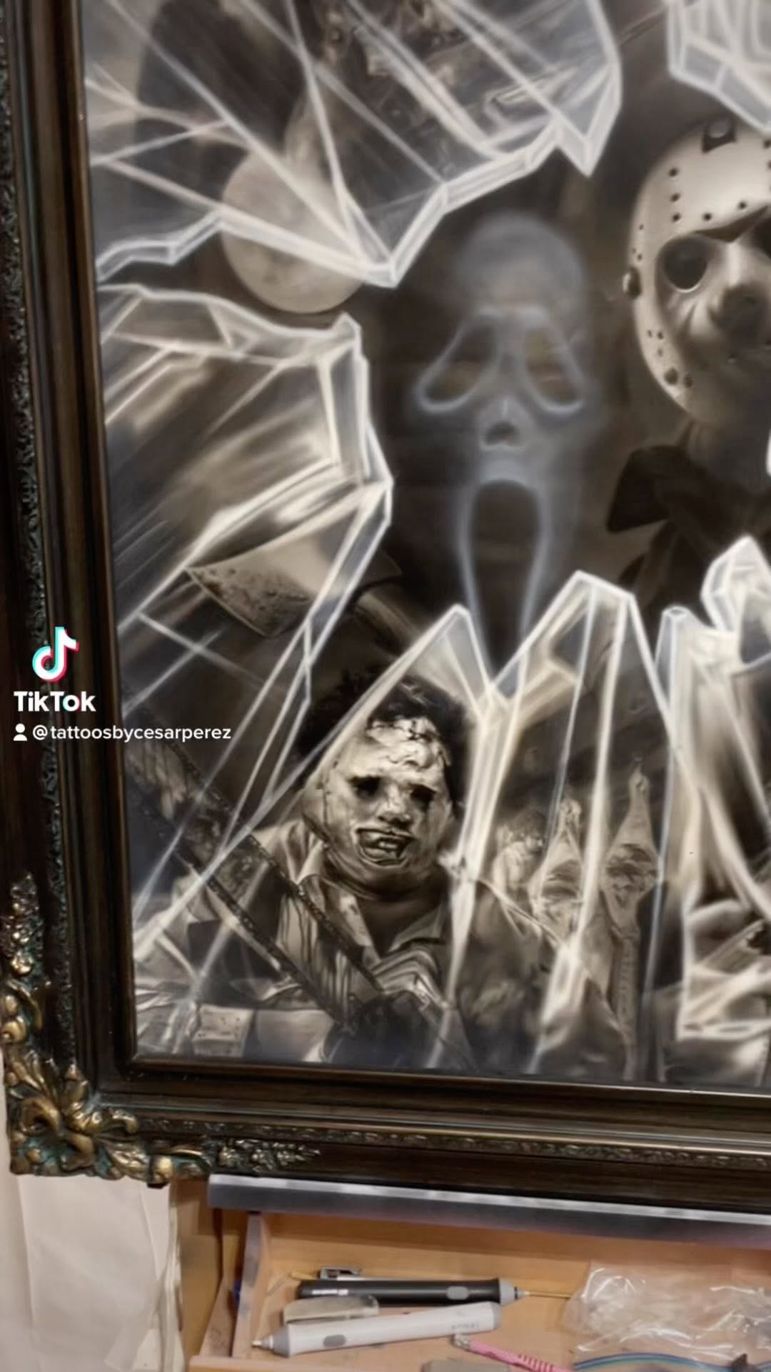 Black-and-grey horror slasher airbrush painting