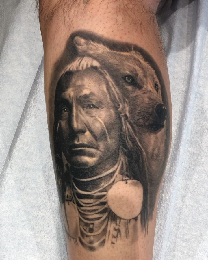 Native American chief & wolf portrait, calf