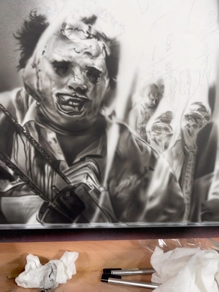 Leatherface airbrush painting in black-and-grey