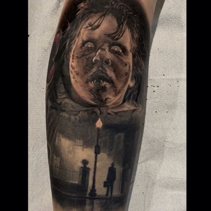 The Exorcist portrait tattoo, leg sleeve