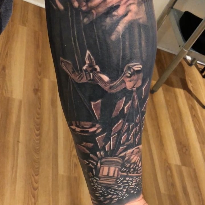 Grim reaper justice scene, black-and-grey forearm