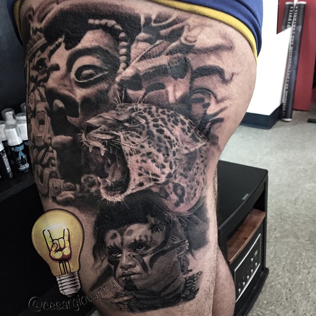 Mayan leg sleeve with jaguar and warrior, realism