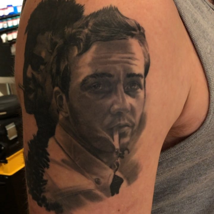 Fight Club portrait tattoo, bicep