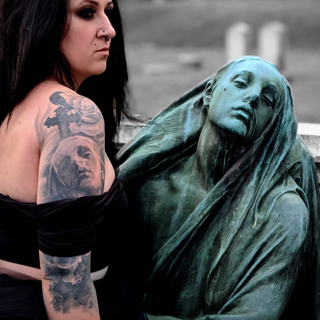 Black-and-grey religious sleeve, shoulder & arm