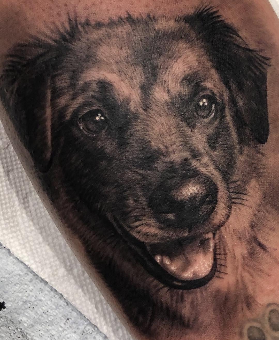 Black-and-grey realism puppy portrait tattoo