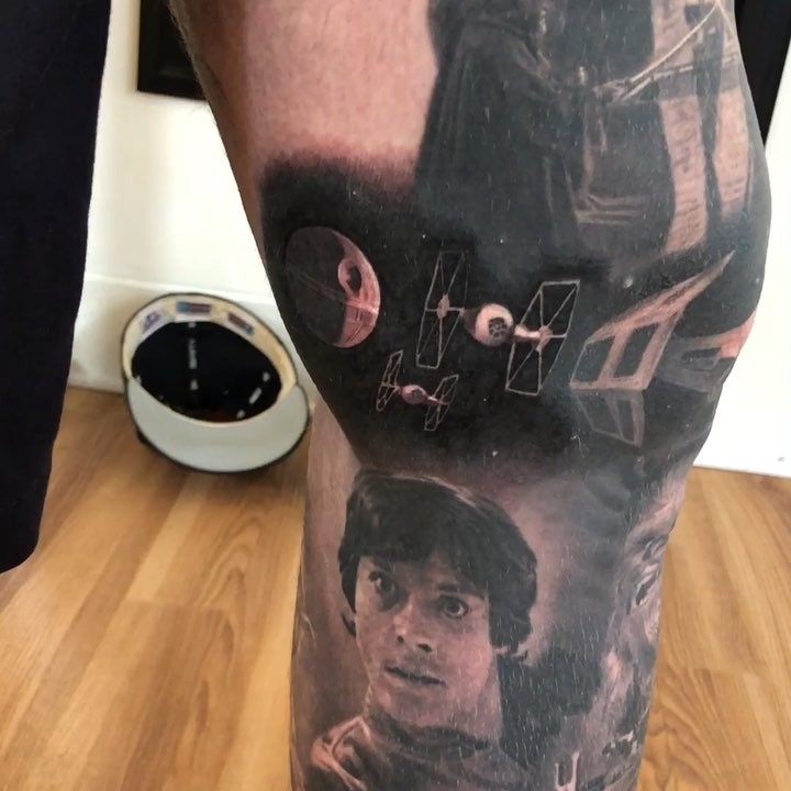 Star Wars knee tattoo, black-and-grey leg sleeve