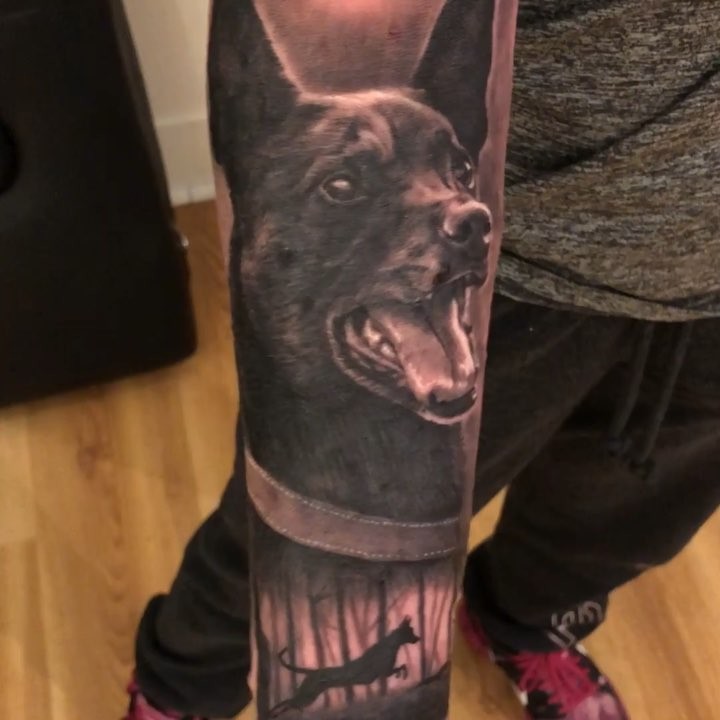 Black-and-grey dog portrait sleeve, forearm