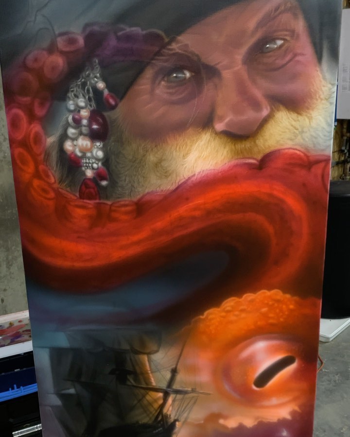 Pirate and kraken airbrush painting