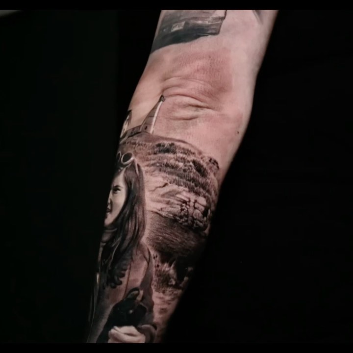 Black-and-grey girl portrait with castle, forearm