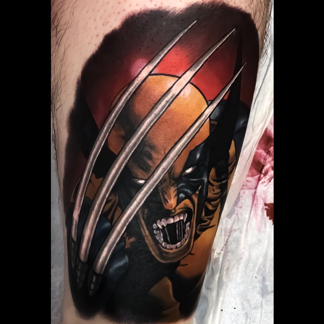 Wolverine color portrait tattoo, leg