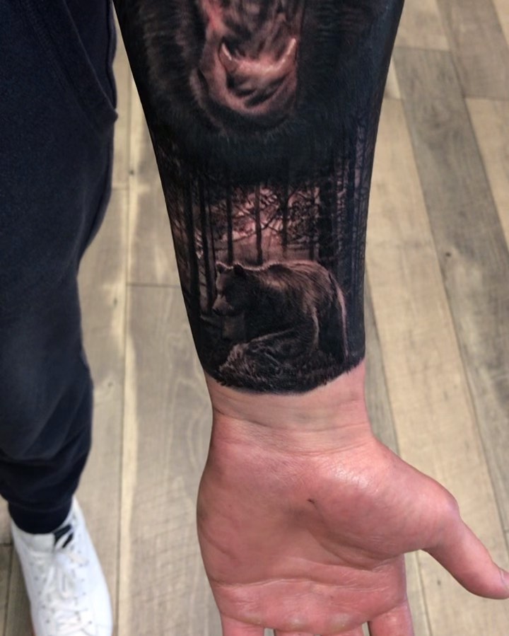 Black-and-grey bear in forest, forearm