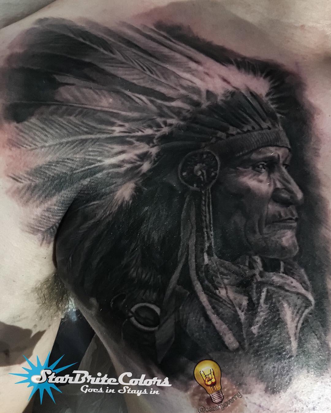 Black-and-grey Native American chief portrait, chest