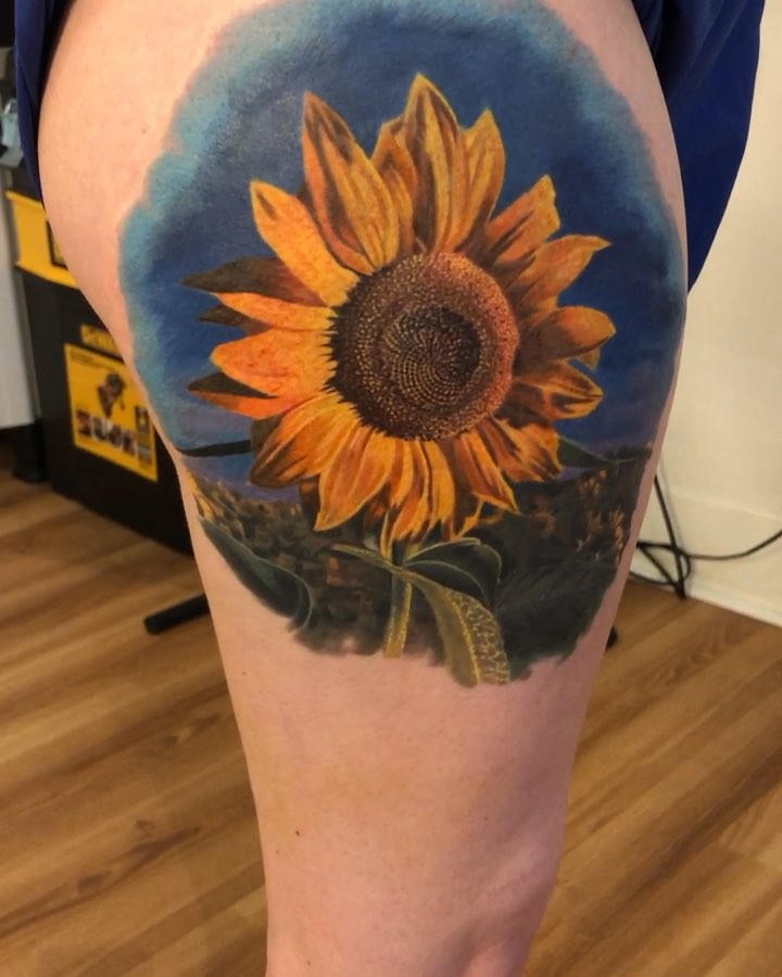 Realistic sunflower cover-up tattoo, thigh