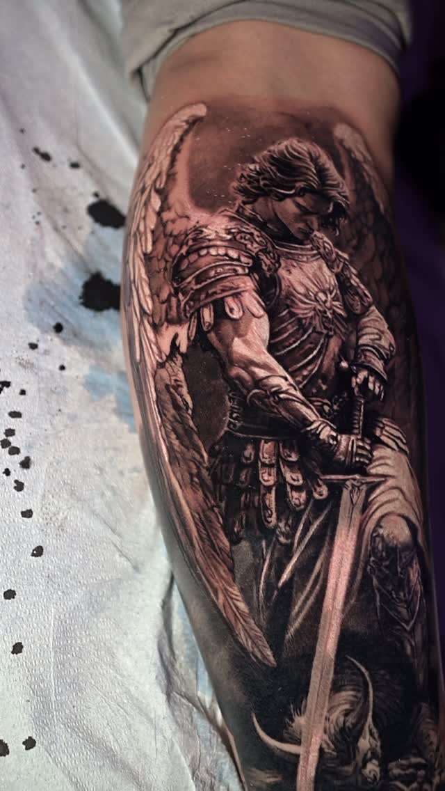 Archangel Michael black-and-grey leg sleeve