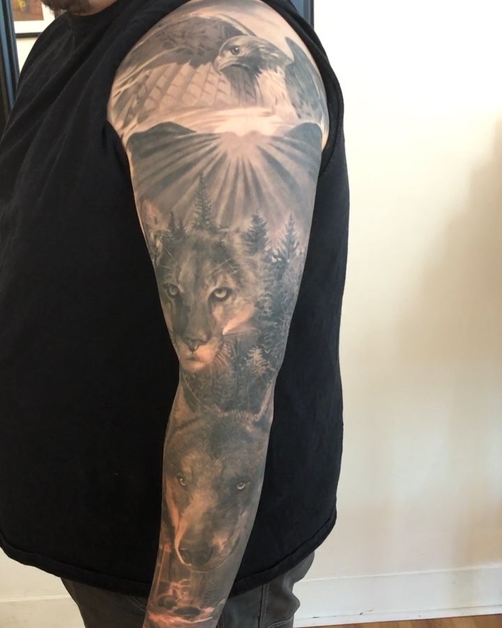 Black-and-grey wildlife full sleeve, healed
