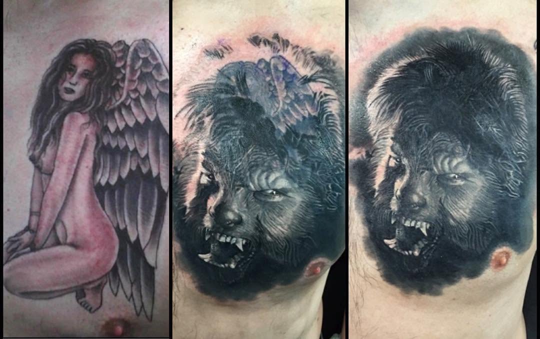 Black-and-grey werewolf chest cover-up