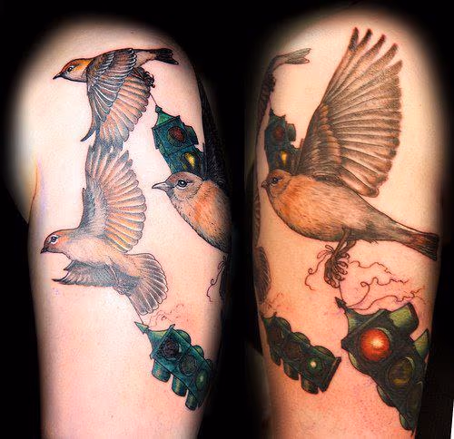Fly Away Stoplight Birds Tattoo