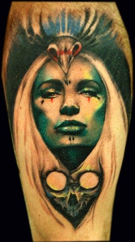 Freehand Lady/Skull Tattoo