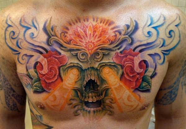 Skull chest tattoo