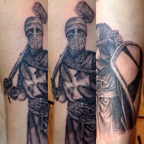 Black and grey knight done portrait done by cesar perez from Keene ,NH