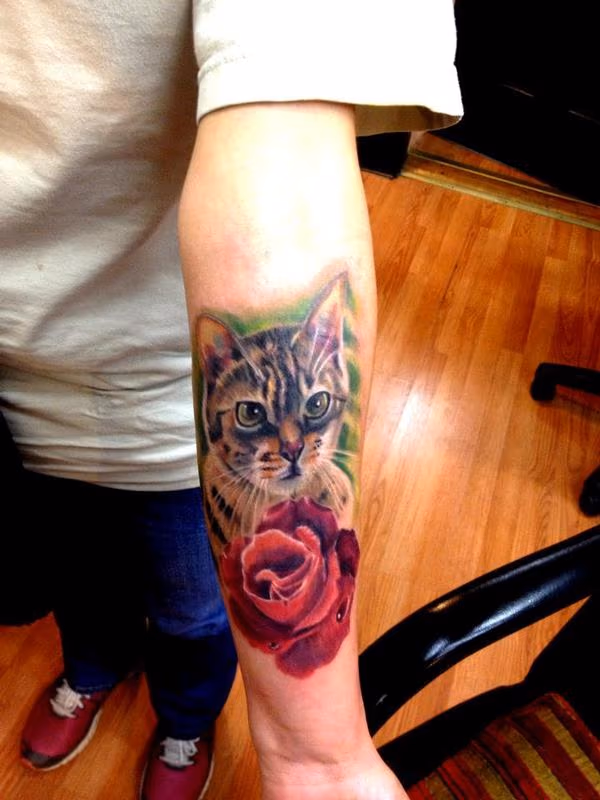 cat memorial color portrair tattoo