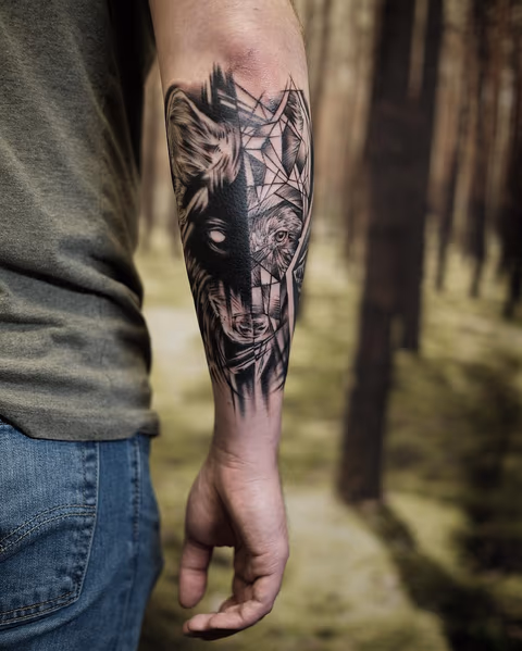 Realistic/Geometric Wolf on Forearm- Instagram @MichaelBalesArt