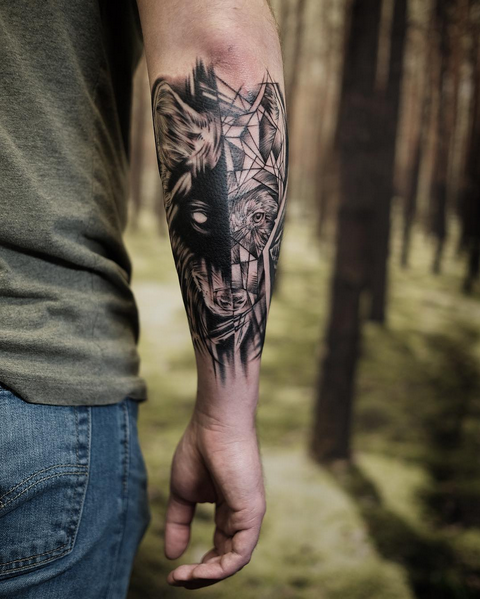 Realistic/Geometric Wolf on Forearm- Instagram @MichaelBalesArt
