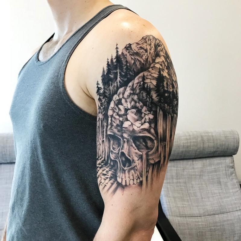 SKULL, MOUTAIN, WATERFALL ON ARM. INSTAGRAM @MICHAELBALESART