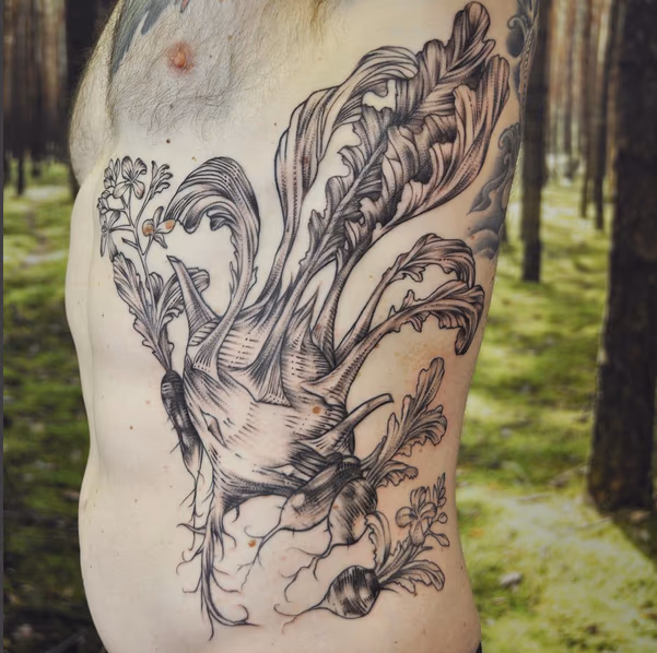 Black and Gray Freehand Kohlrabi and Radish on Ribs- Instagram @michaelbalesart
