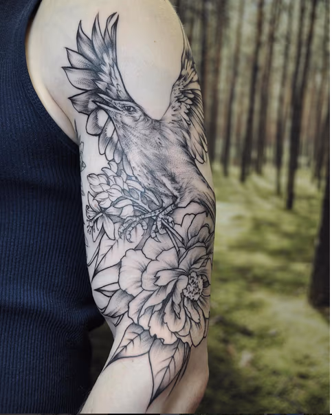 Illustrative Bird and Floral on Shoulder- Instagram @michaelbalesart