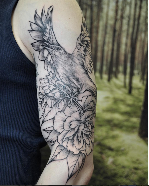 Illustrative Bird and Floral on Shoulder- Instagram @michaelbalesart