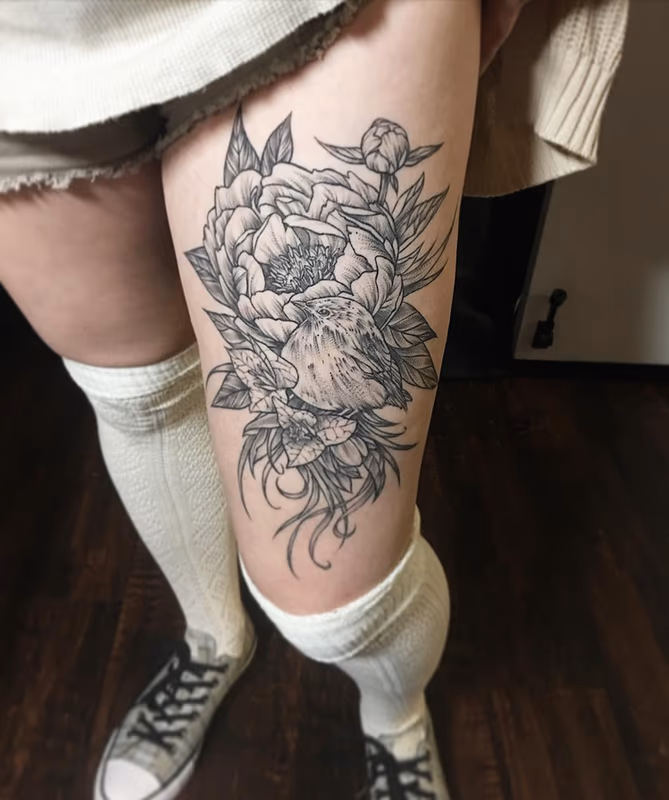 Healed Bird and Floral on Thigh- Instagram @michaelbalesart