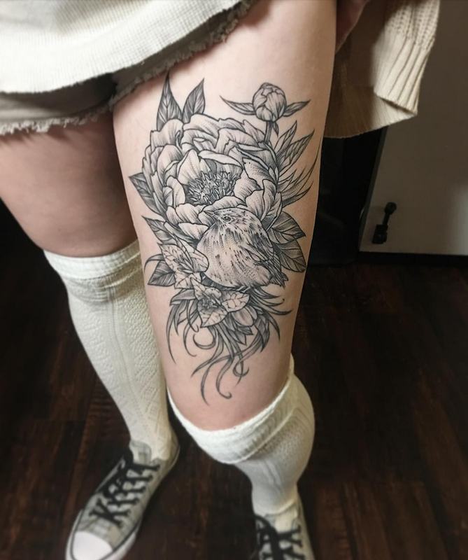 Healed Bird and Floral on Thigh- Instagram @michaelbalesart