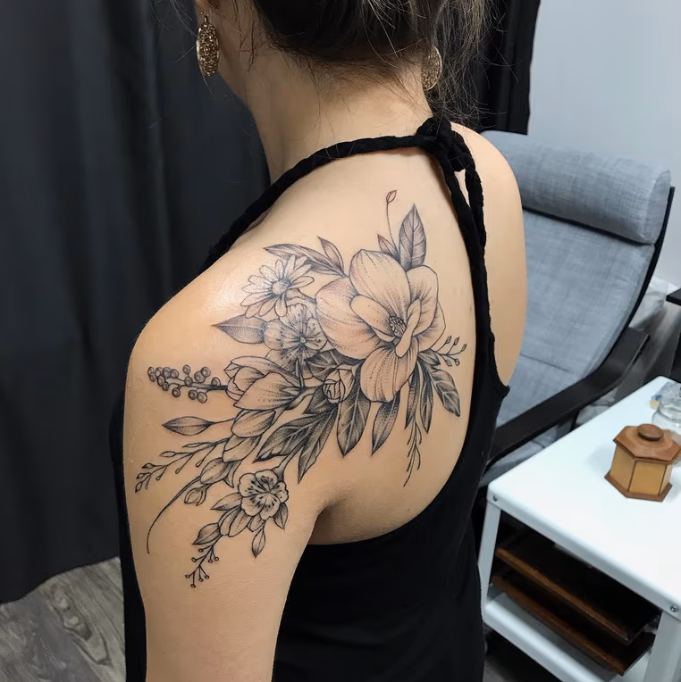 Floral on Back/Shoulder. Instagram @MichaelBalesArt