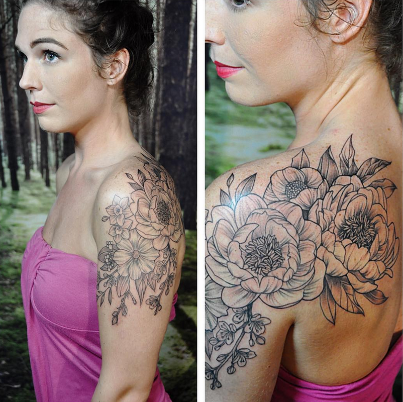 Split Image- Rolling Shoulder Floral. Instagram @MichaelBalesArt