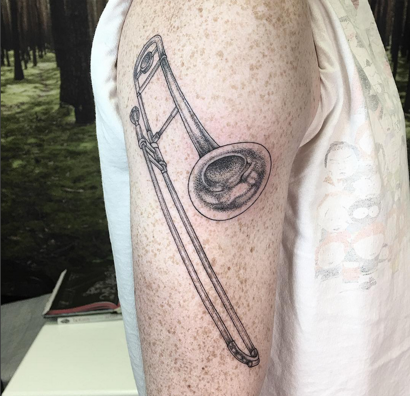 Dotwork Trombone on Arm- Instagram @michaelbalesart