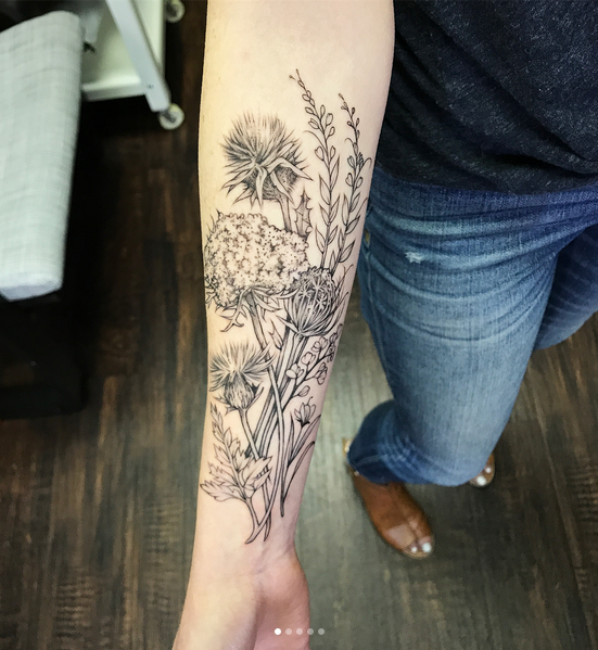 Thistles and Wildflowers on Forearm- Instagram @MichaelBalesArt