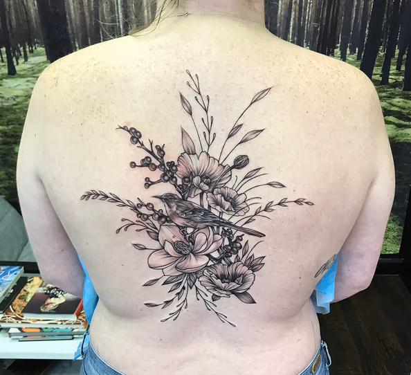 Mockingbird and Floral on Back- Instagram @MichaelBalesArt