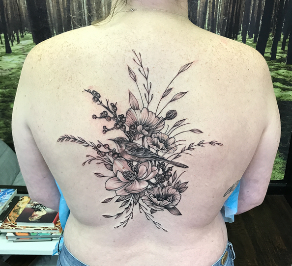 Mockingbird and Floral on Back- Instagram @MichaelBalesArt