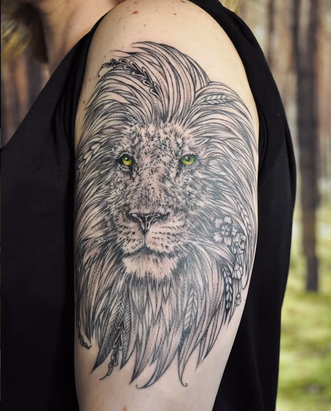 Black and Gray Lion on Shoulder- Instagram @michaelbalesart