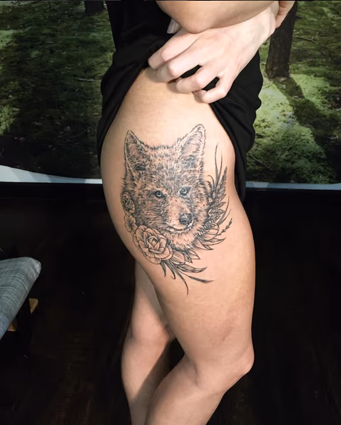 Coyote and Floral on Hip- Instagram @michaelbalesart