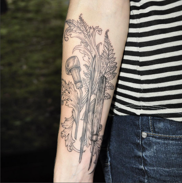 Black and Gray Burin (engraving tool) and Scrolls on Forearm-Instagram @micahelbalesart