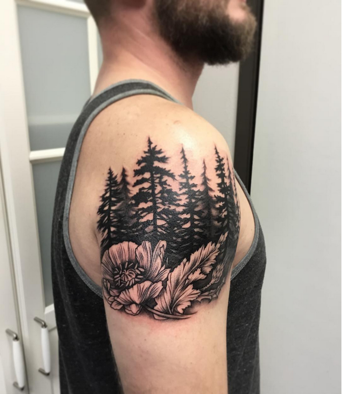 Blackwork Pinetrees and Poppy- Instagram @michaelbalesart
