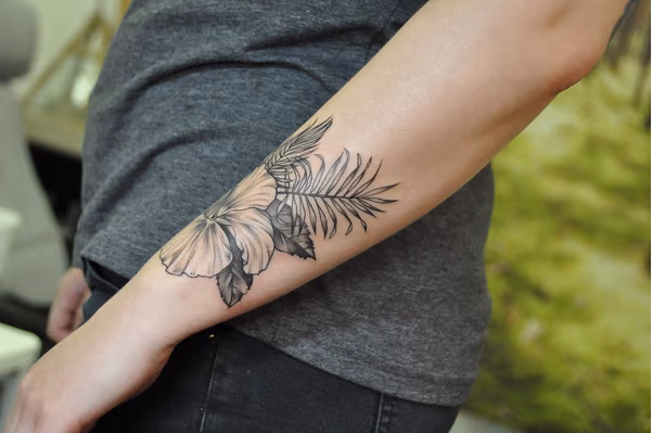 Black and Gray Hibiscus on Forearm- Instagram @michaelbalesart