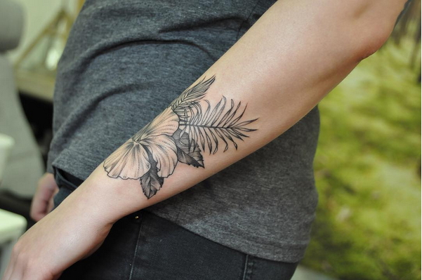 Black and Gray Hibiscus on Forearm- Instagram @michaelbalesart