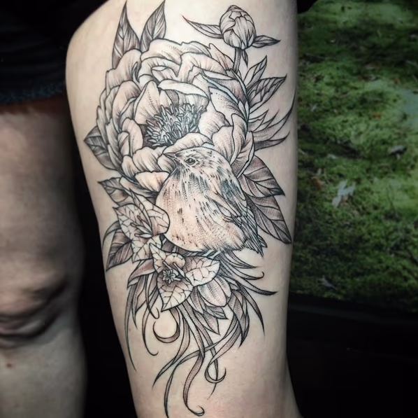 Floral and Realistic Bird on Thigh- Instagram @michaelbalesart